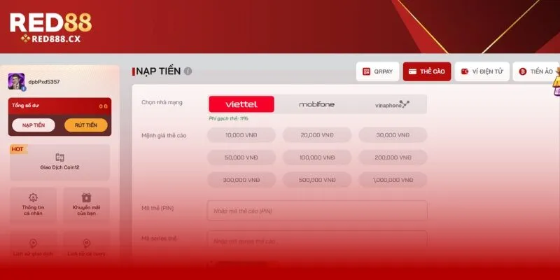 Thao tác bổ sung quỹ bằng thẻ cào dễ thực hiện